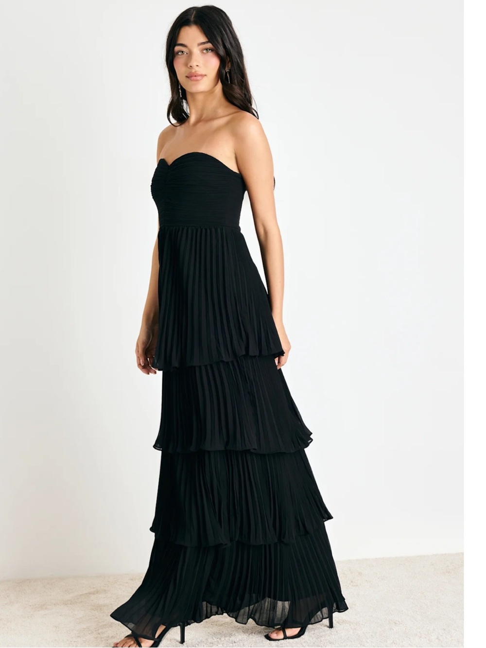 Lulus Seriously Sensational Black Strapless Tiered Pleated Chiffon Maxi Dress